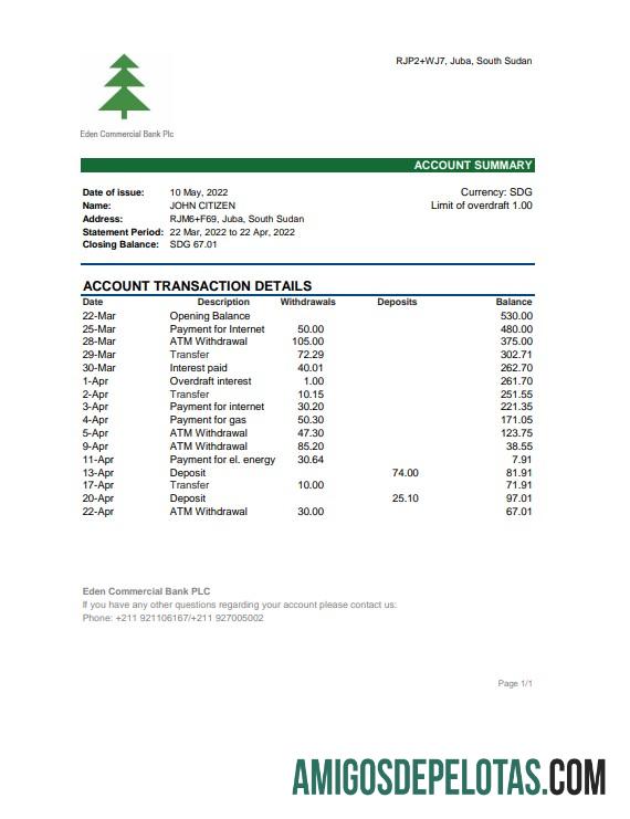 Extrato bancário comercial Eden do Sudão do Sul para impressão, modelo Excel e PDF